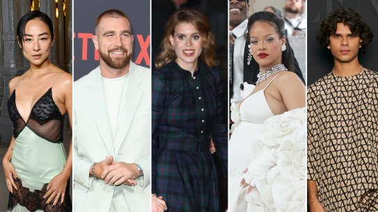Greta Lee in Gucci; Travis Kelce in Lanvin; Princess Beatrice in Beulah; Rihanna in Valentino; Budjerah in Valentino.
