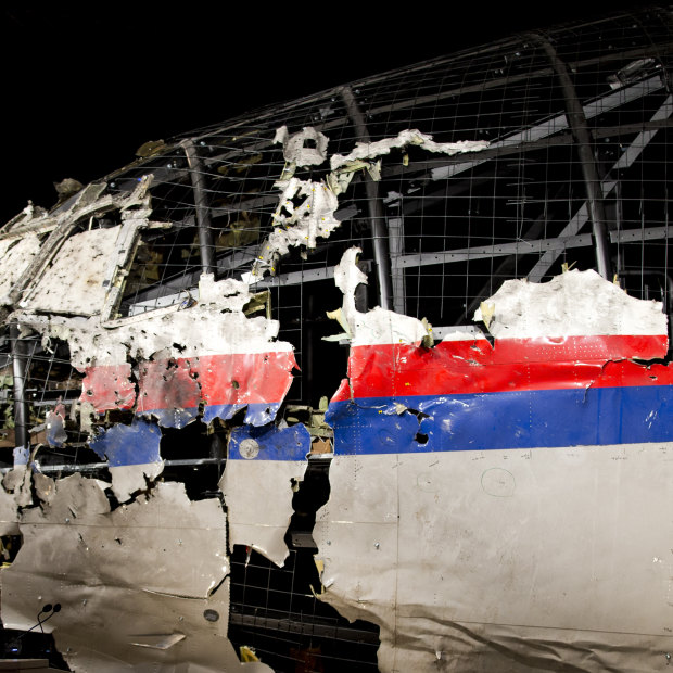 The reconstructed wreckage of Malaysia Airlines Flight MH17.