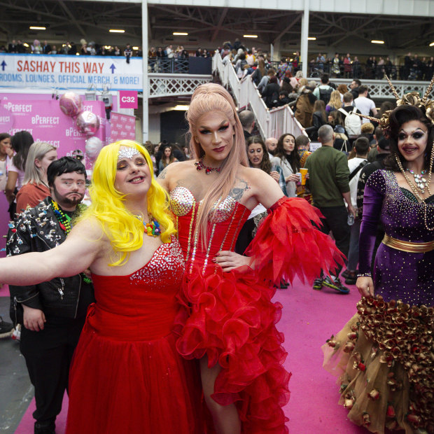 Davina Starr (front) and Justin Bond (left) pose with “conventional” drag stars.