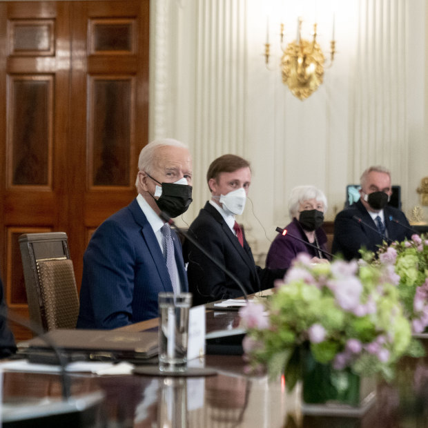 President Joe Biden in the State Dining Room of the White House in April last year with (from left) his Secretary of State Antony Blinken, National Security Adviser Jake Sullivan, Treasury Secretary Janet Yellen and Kurt Campbell, coordinator for the Indo-Pacific on the National Security Council.