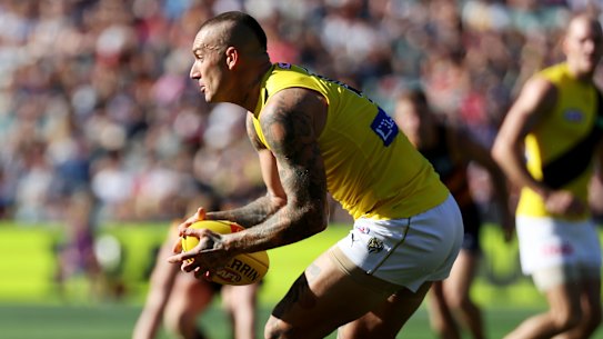 Dustin Martin in action against the Crows on Saturday.