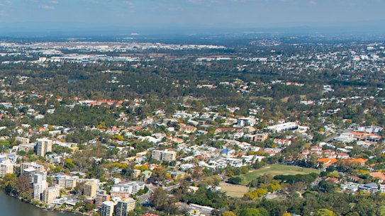 Toowong’s Perrin Park precinct, seen in the foreground, is one of two proposed sites for a new primary school for inner-west Brisbane. 
