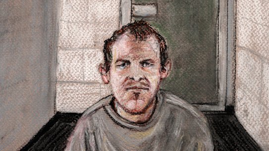 In a 2019 courtroom drawing, Brenton Tarrant appears via video link in court from a maximum security prison in Auckland.