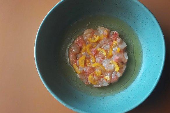 Shark Bay prawn crudo with native sunrise lime.