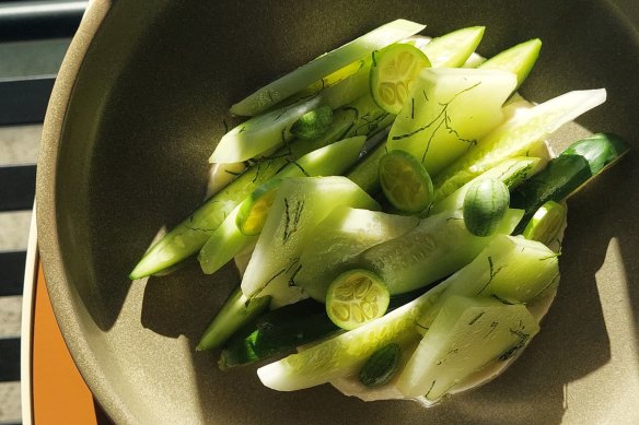 Market cucumbers and melon, macadamia cream, mountain marigold vinaigrette.