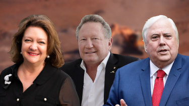Australia's mining billionaires made astonishing gains in wealth last year, propelling Gina Rinehart to the top of the rich list with Andrew Forrest (middle) in second place.  Clive Palmer (right) doubled his wealth to more than $9 billion.