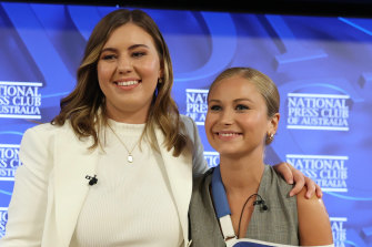 Brittany Higgins and Grace Tame at the  National Press Club on Wednesday.
