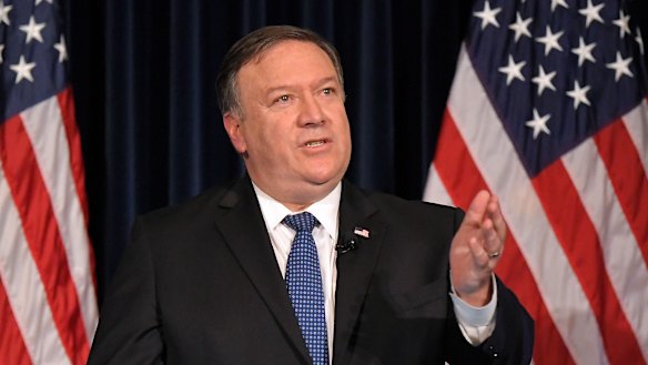 U . Secretary of State Mike Pompeo speaks at the Ronald Reagan Presidential Library, on Sunday.