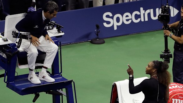 Livid: Serena Williams berates chair umpire Carlos Ramos for issuing her with code violations.