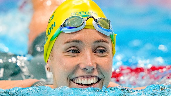 Emma McKeon after winning 50m freestyle gold on the final day of swimming in Tokyo. 