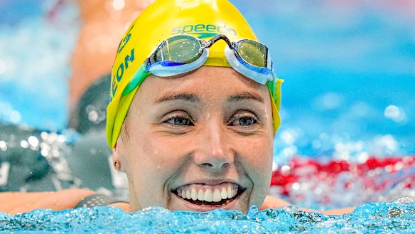 Emma McKeon after winning 50m freestyle gold on the final day of swimming in Tokyo. 