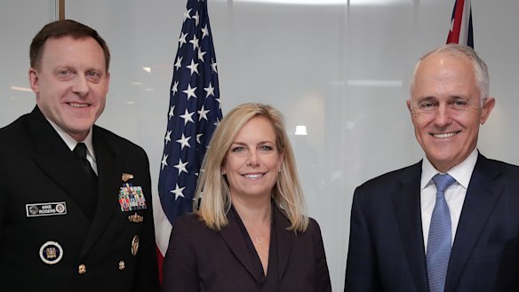 Michael Rogers, then director of the National Security Agency (left) with then prime minister Malcolm Turnbull and then Secretary of Homeland Security Kirstjen Nielsen (centre) in Washington, DC, in 2018.