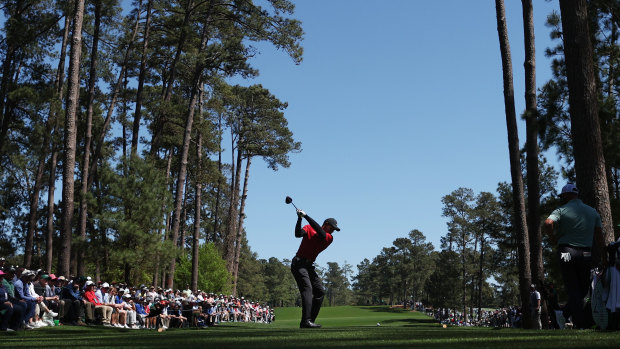 Tiger Woods tees off on the 17th hole during his final round at the Masters.