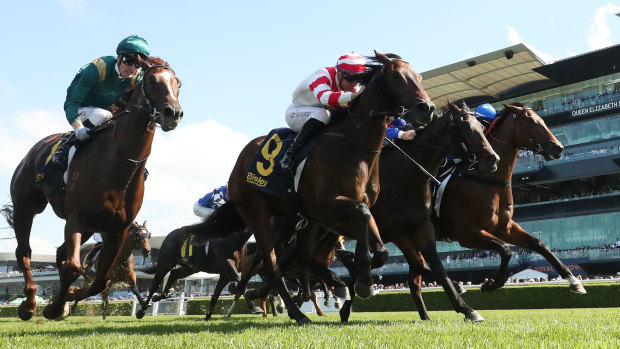 Panic, carrying the red and white silks, wins the South Pacific Classic in April at Randwick.