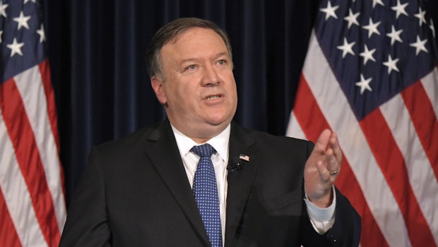 U . Secretary of State Mike Pompeo speaks at the Ronald Reagan Presidential Library, on Sunday.