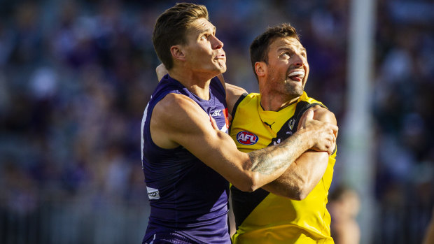 Ruck 'n' roll: Fremantle's Rory Lobb goes up against Richmond's Toby Nankervis.