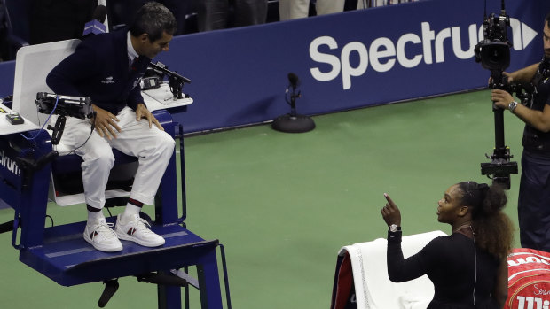 Livid: Serena Williams berates chair umpire Carlos Ramos for issuing her with code violations.
