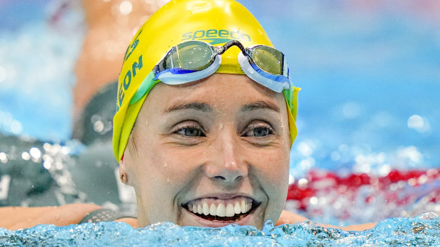Emma McKeon after winning 50m freestyle gold on the final day of swimming in Tokyo. 