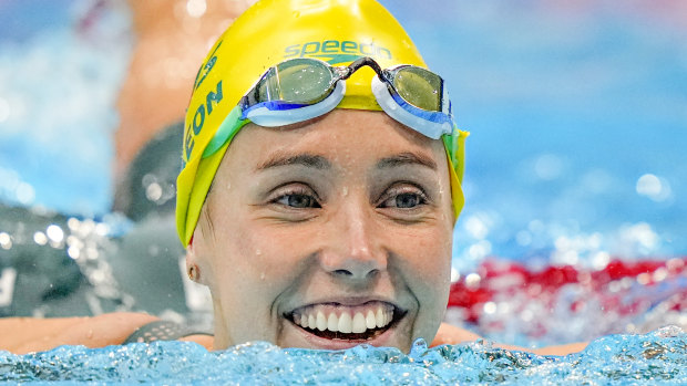Emma McKeon after winning 50m freestyle gold on the final day of swimming in Tokyo. 
