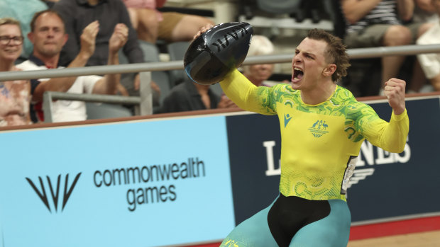 Matthew Richardson of Australia celebrates after winning the men’s sprint finals.