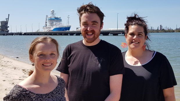 Back on land: (From left) voyage chief scientist Jo Whittaker, Scottish educator Jamie Menzies and NSW science teacher Olivia Belshaw.