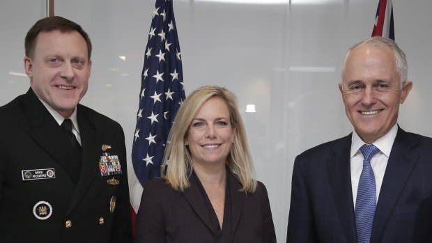 Michael Rogers, then director of the National Security Agency (left) with then prime minister Malcolm Turnbull and then Secretary of Homeland Security Kirstjen Nielsen (centre) in Washington, DC, in 2018.