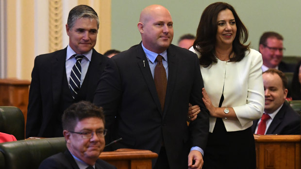 (From left) KAP state leader Robbie Katter, Speaker Curtis Pitt and Premier Annastacia Palaszczuk.