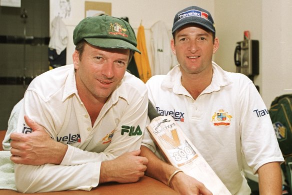 Steve and Mark Waugh after the brothers both scored hundreds in the fifth Ashes Test at the Oval.