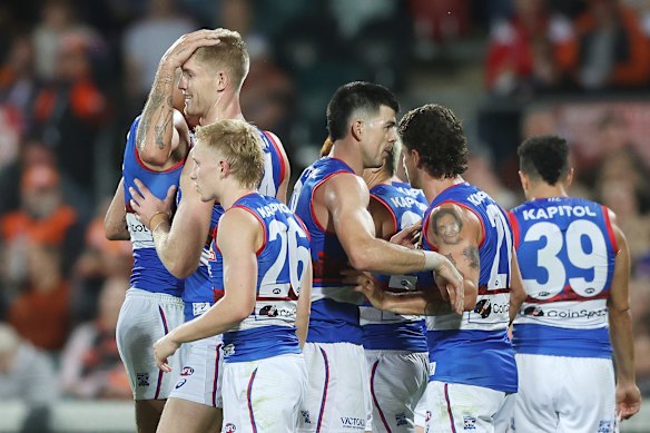 Bulldogs star Tim English celebrates a goal.