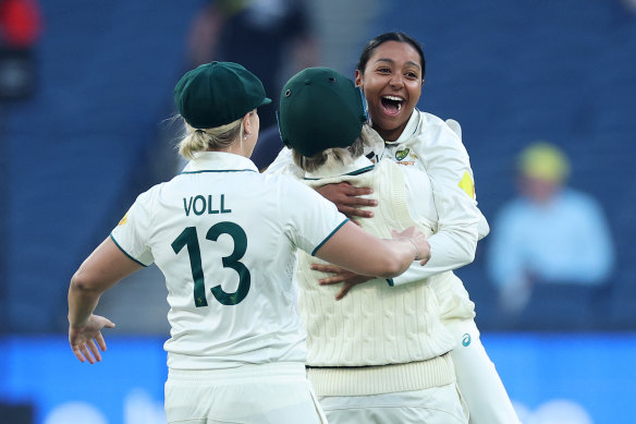 Alana King after taking the wicket of England’s Nat Sciver-Brunt.