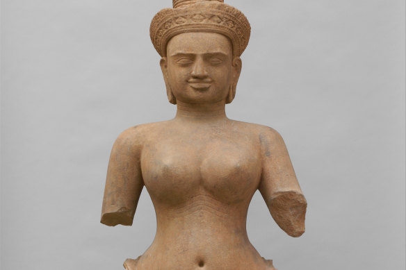 A stone statue, known as a “Standing Female Deity”, one of 45 ancient artefacts Cambodian officials say were looted.