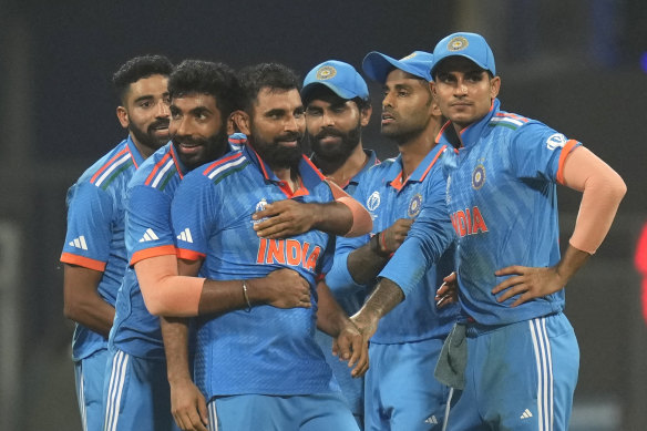 India celebrate Mohammed Shami’s seven-wicket heroics in the World Cup semi-final victory over New Zealand.