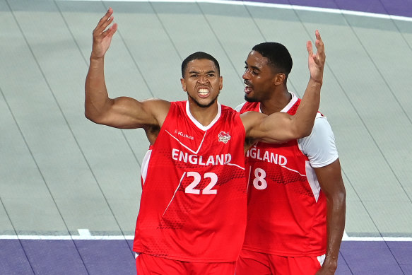 England’s Myles Hesson celebrates the clutch shot which won gold in the men’s 3x3 basketball.