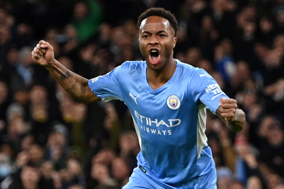 Raheem Sterling celebrates scoring the equaliser for City against PSG in Manchester.