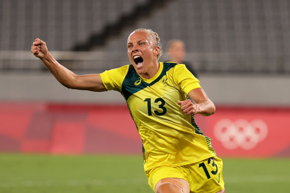 Tameka Yallop celebrates her goal 