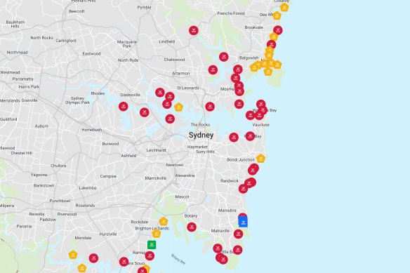 The majority of Sydney’s beaches and harbour swimming spots have a high probability of contamination on Thursday.