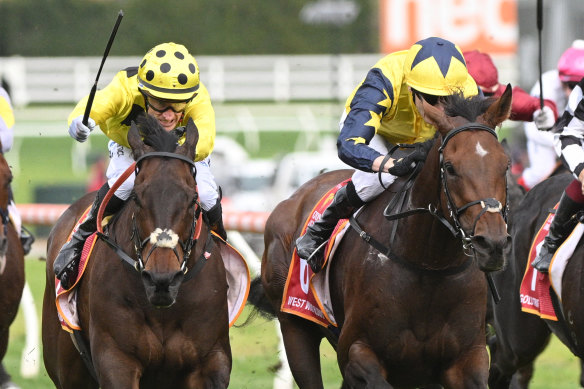 Mark Zahra wins the Caulfield Cup aboard Without A Fight.