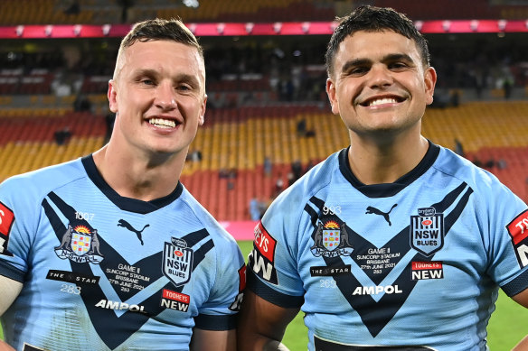 Latrell Mitchell and Jack Wighton in Origin colours in 2021.