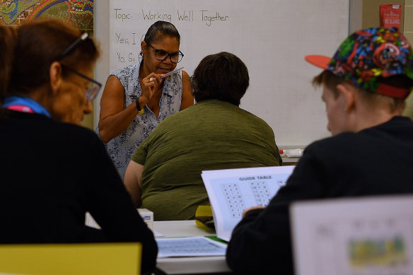 Judy McGuinness of the Yes I Can Campaign runs an adult literacy class in Airds, NSW, in 2019.