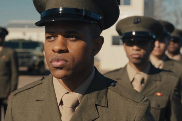 Jeremy Pope plays Ellis French, a young, gay, black soldier struggling to fit in, in The Inspection.