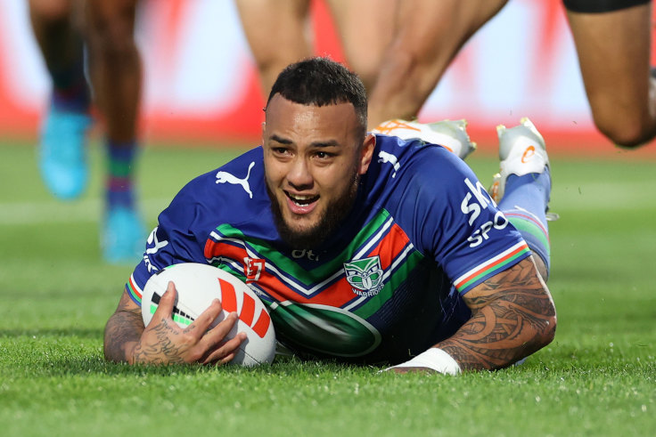 Auckland, New Zealand. 16th Sep, 2023. Addin Fonua-Blake of the Warriors  celebrates a try with team during the NRL Semi-final between the New  Zealand Warriors and the Newcastle Knights at Mt Smart