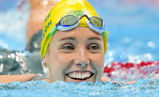 Emma McKeon after winning 50m freestyle gold on the final day of swimming in Tokyo. 