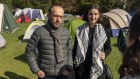 Greens leaders Adam Bandt and Ellen Sandell at a pro-Palestinian protest at Melbourne University in May. 