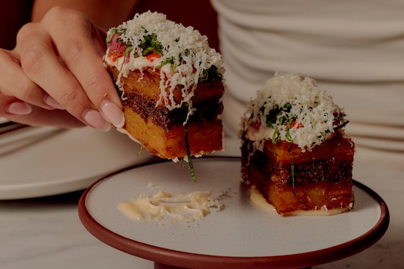 HSP bites: crisp potato with slow-cooked lamb, chilli and garlic sauces.
