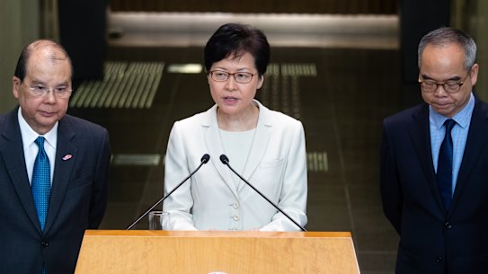 Carrie Lam holds a press conference on Thursday as Matthew Cheung, chief secretary, left, and Lau Kong-wah, secretary for home affairs, look on.