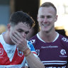 Dragons five-eighth Kyle Flanagan is chipped by Manly’s daly Cherry-Evans after being sent for a concussion test.