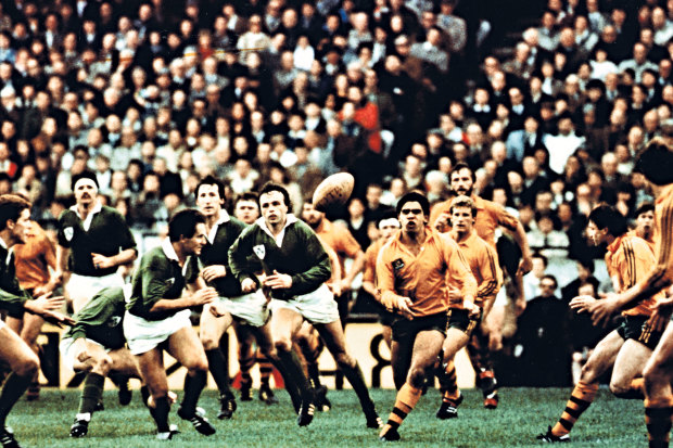 The Wallabies taking on Ireland at Landsdowne Road, with Mark Ella in action.