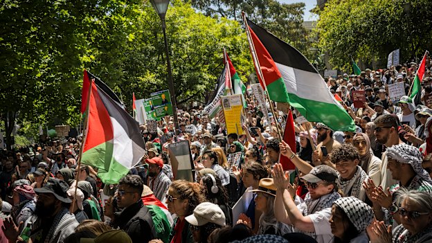 Pro-Palestine protesters outside the State Library in Melbourne’s CBD in 2023.