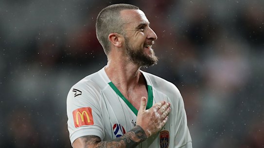 Roy O’Donovan celebrates the equaliser for the Jets on Friday night.