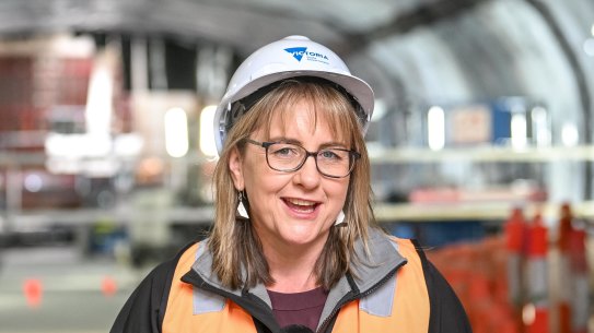 Jacinta Allan at the Metro Tunnel project site in Parkville in April.